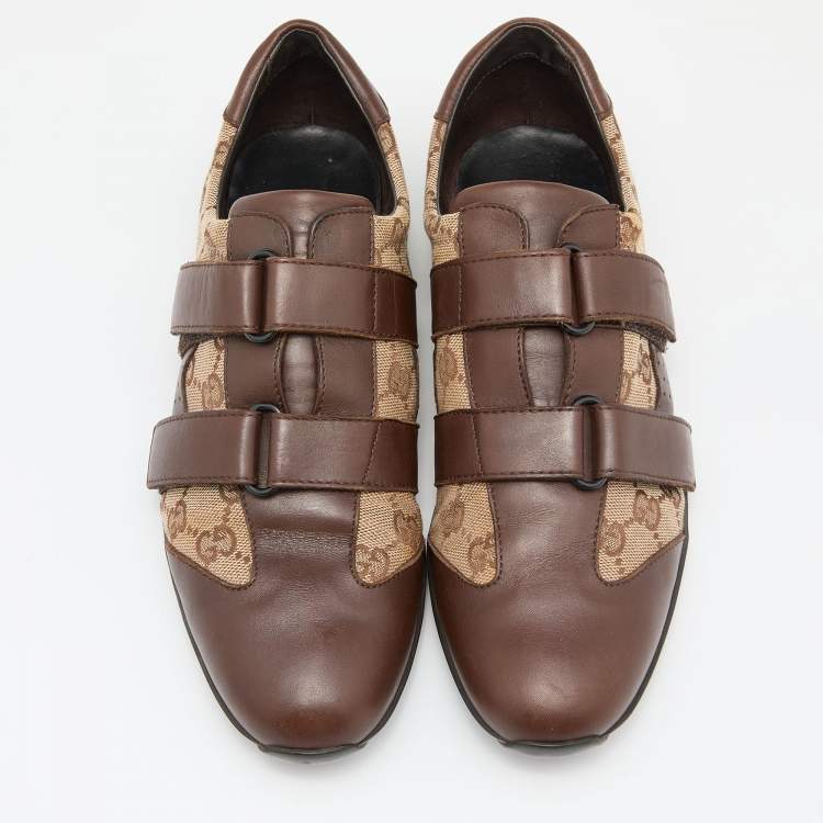 Pre Owned Gucci Brown/Beige GG Canvas and Leather Double Velcro Strap Sneakers Size 39.5