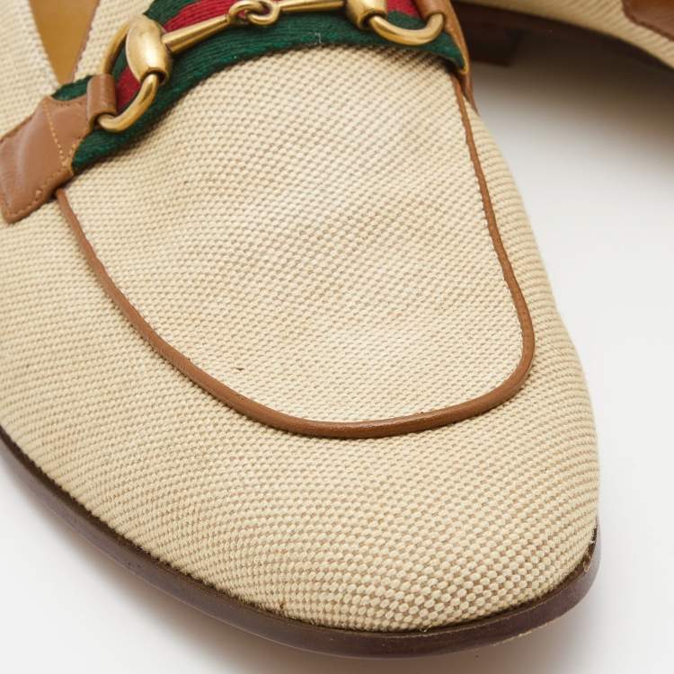 Pre Owned Gucci Brown Canvas and Leather Web Horsebit Loafers Size 46.5