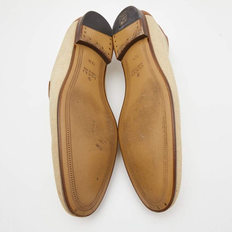 Pre Owned Gucci Brown Canvas and Leather Web Horsebit Loafers Size 46.5