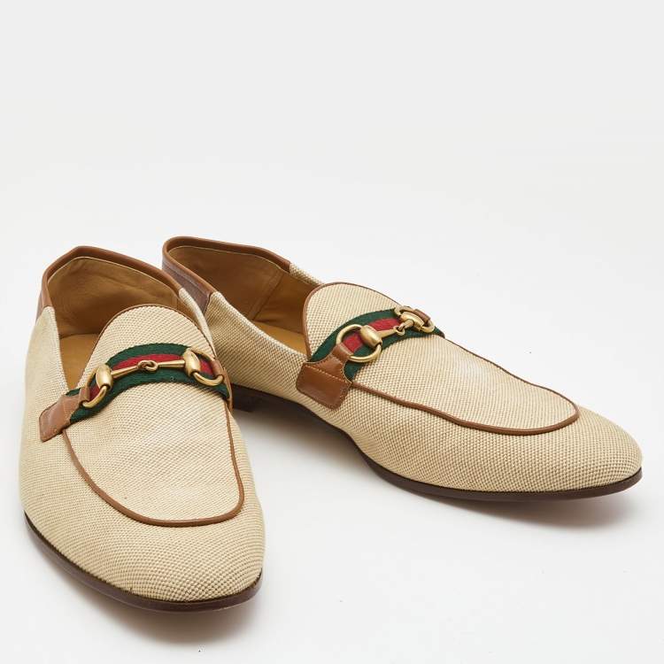 Pre Owned Gucci Brown Canvas and Leather Web Horsebit Loafers Size 46.5