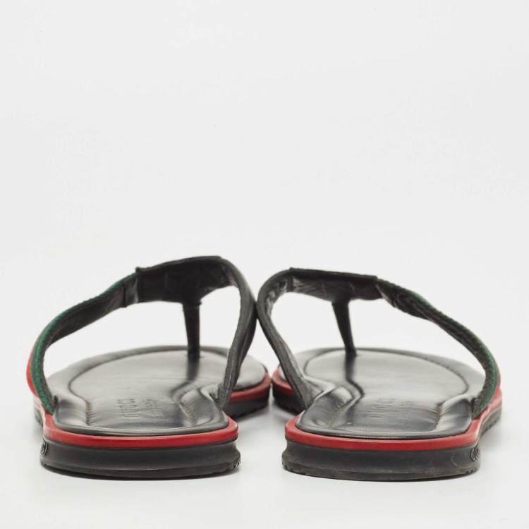 Pre Owned Gucci Black Leather Web Thong Sandals Size 41.5