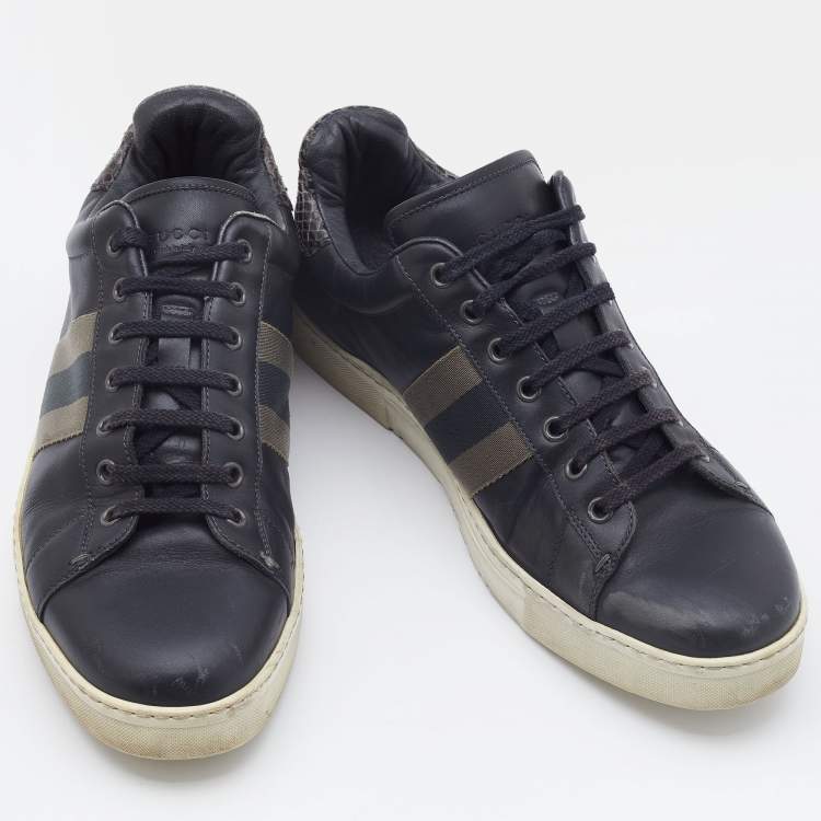 Pre Owned Gucci Grey Leather and Watersnake Leather Web Detail Low Top Sneakers Size 42.5