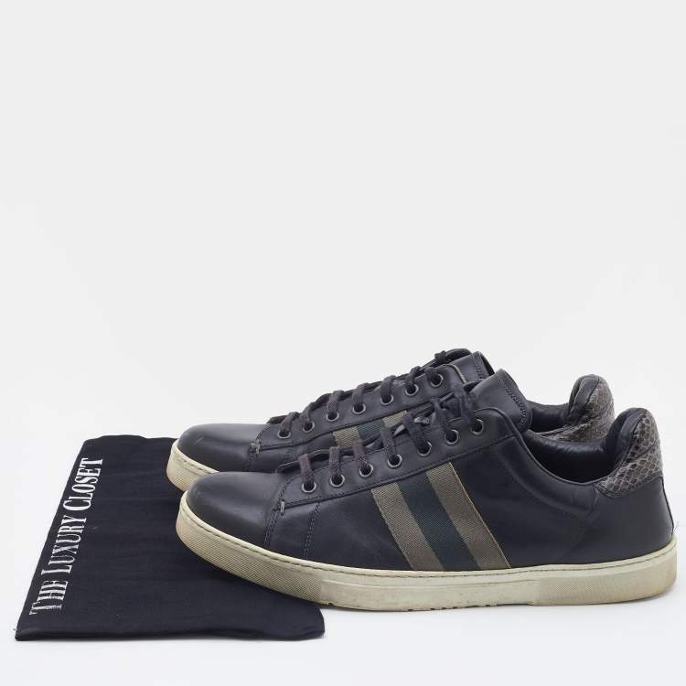 Pre Owned Gucci Grey Leather and Watersnake Leather Web Detail Low Top Sneakers Size 42.5