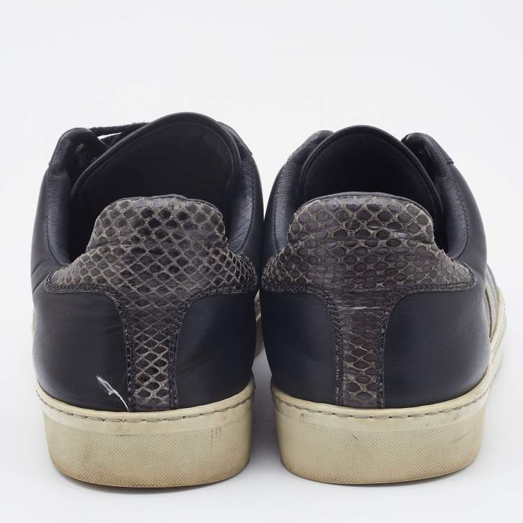 Pre Owned Gucci Grey Leather and Watersnake Leather Web Detail Low Top Sneakers Size 42.5