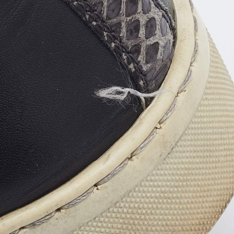 Pre Owned Gucci Grey Leather and Watersnake Leather Web Detail Low Top Sneakers Size 42.5