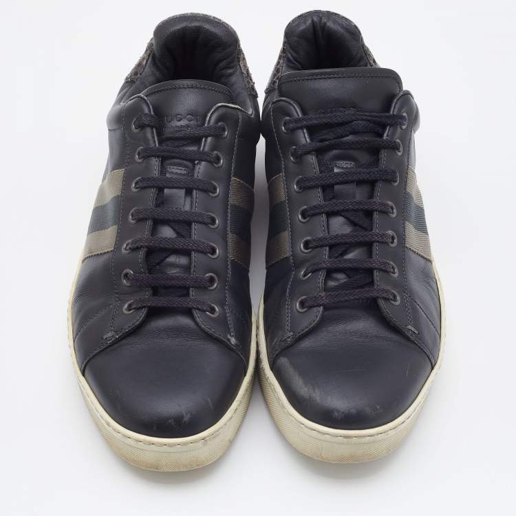 Pre Owned Gucci Grey Leather and Watersnake Leather Web Detail Low Top Sneakers Size 42.5