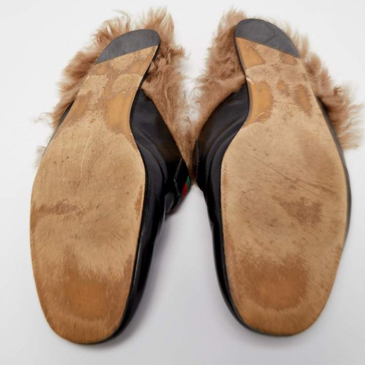 Pre Owned Gucci Black Leather And Fur Lined GG Web Princetown Mules Size 46