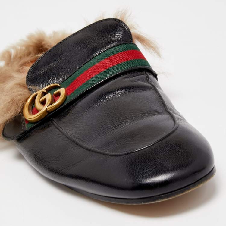 Pre Owned Gucci Black Leather And Fur Lined GG Web Princetown Mules Size 46