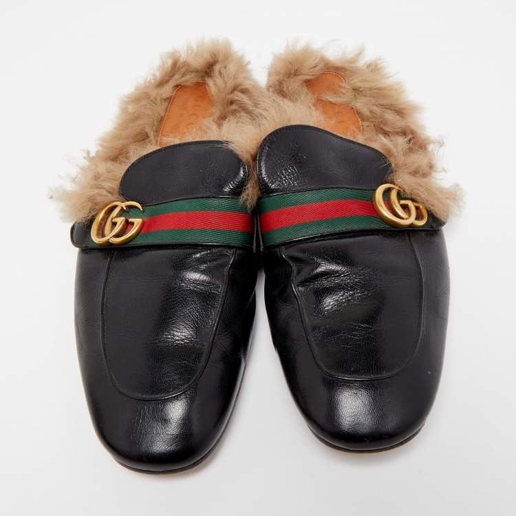 Pre Owned Gucci Black Leather And Fur Lined GG Web Princetown Mules Size 46