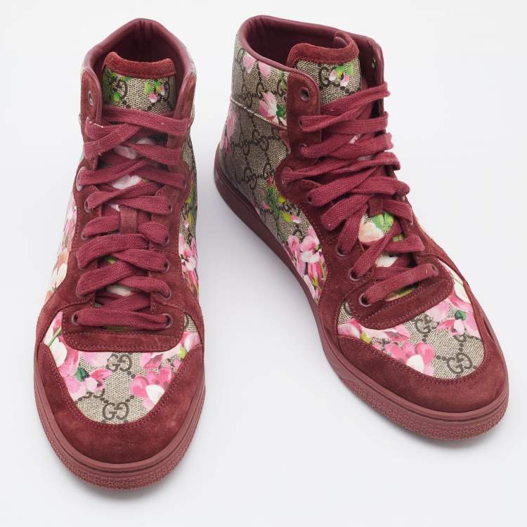Pre Owned Gucci Beige/Pink Bloom GG Supreme Canvas and Suede High Top Sneakers Size 39
