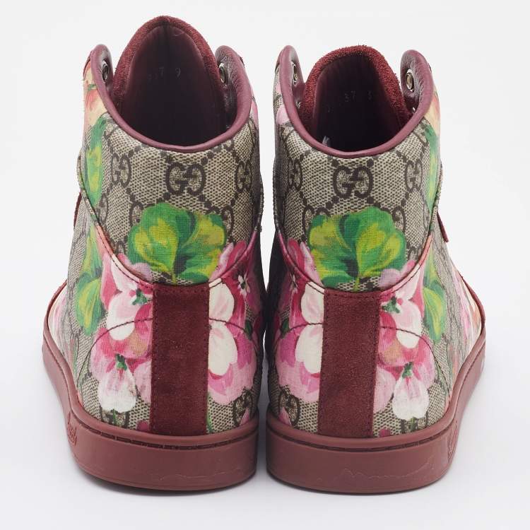 Pre Owned Gucci Beige/Pink Bloom GG Supreme Canvas and Suede High Top Sneakers Size 39