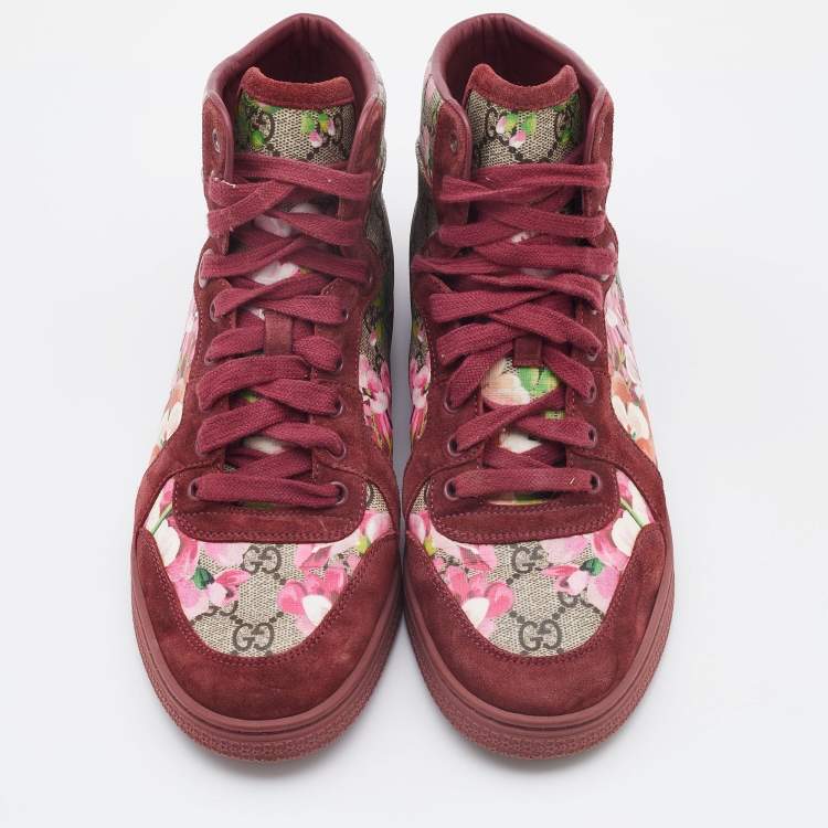 Pre Owned Gucci Beige/Pink Bloom GG Supreme Canvas and Suede High Top Sneakers Size 39