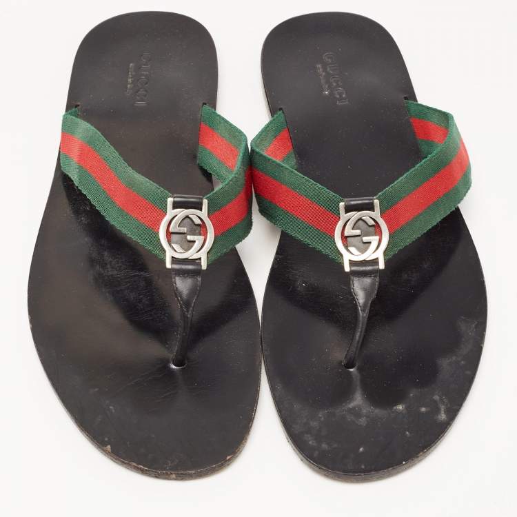 Pre Owned Gucci Tricolor Leather and Canvas Web Interlocking G Thong Slides Size 47