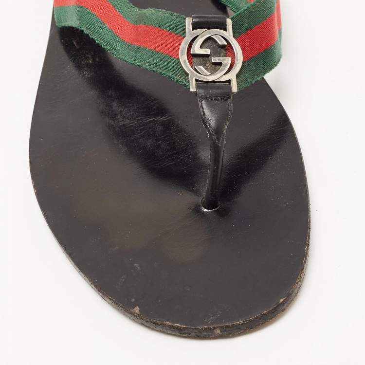 Pre Owned Gucci Tricolor Leather and Canvas Web Interlocking G Thong Slides Size 47