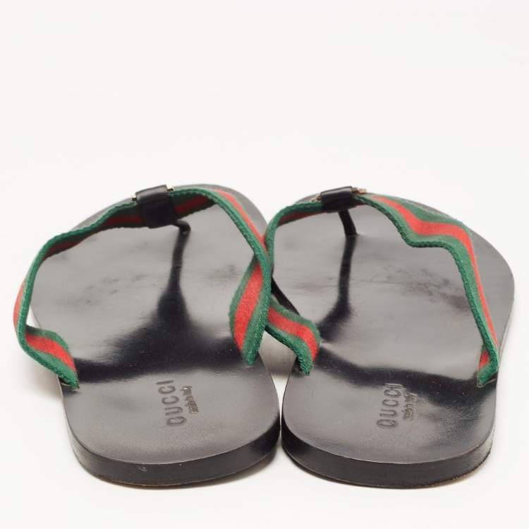 Pre Owned Gucci Tricolor Leather and Canvas Web Interlocking G Thong Slides Size 47
