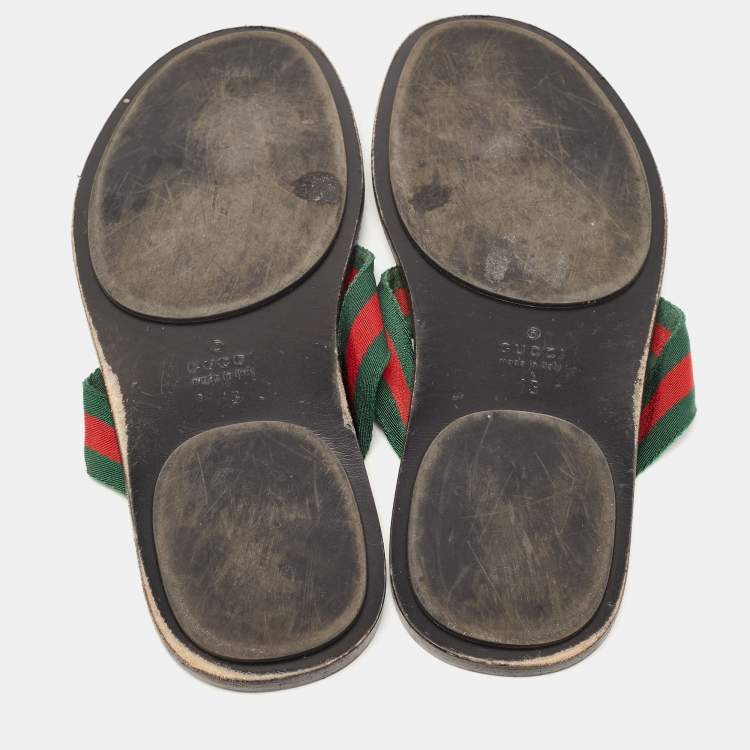 Pre Owned Gucci Tricolor Leather and Canvas Web Interlocking G Thong Slides Size 47