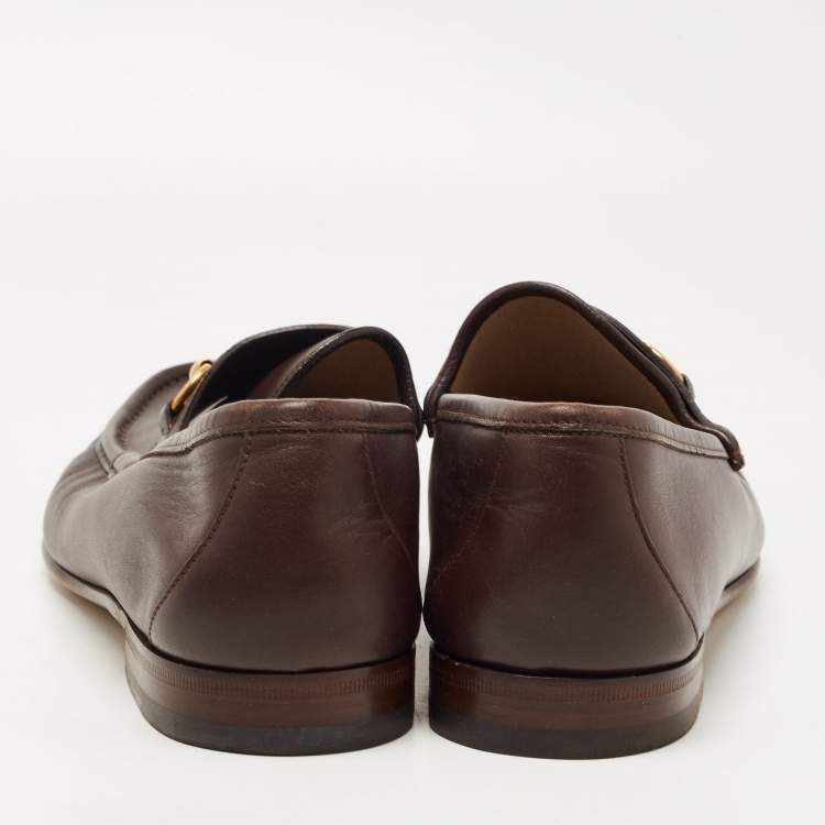 Pre Owned Gucci Dark Brown Leather Web Horsebit Loafers Size 46