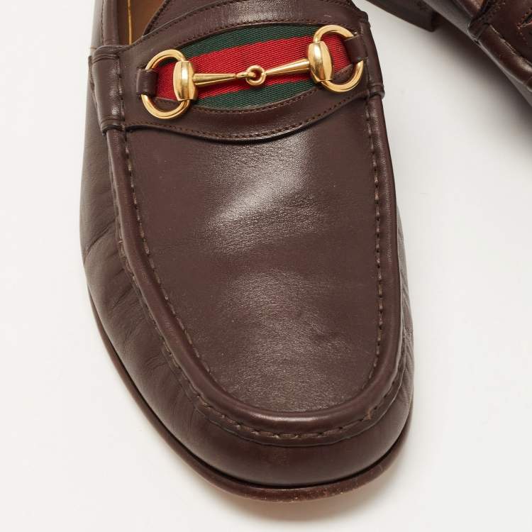 Pre Owned Gucci Dark Brown Leather Web Horsebit Loafers Size 46
