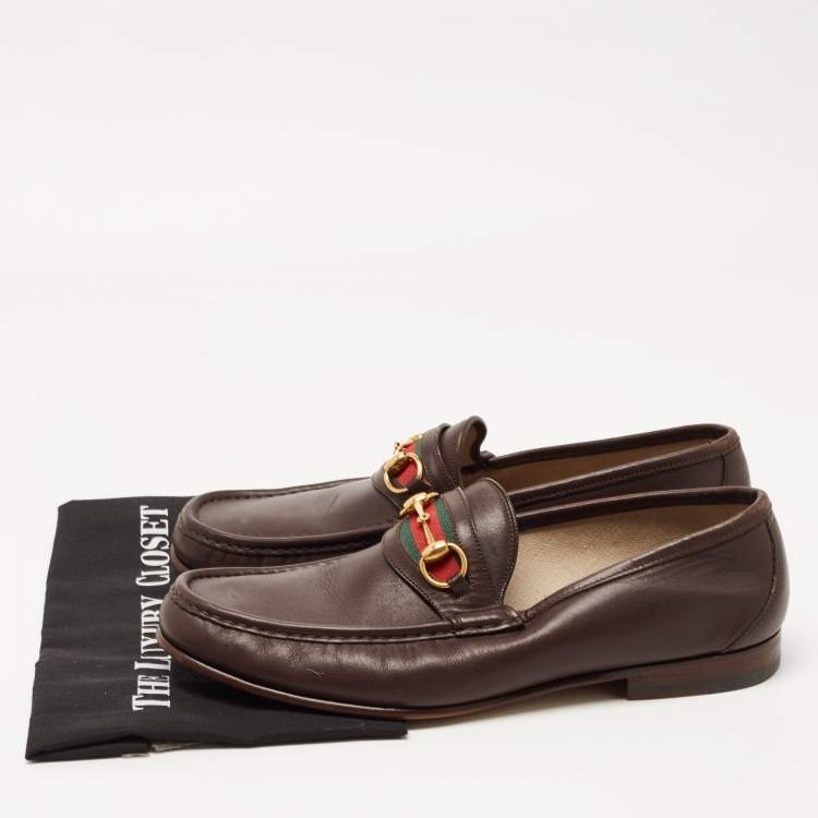 Pre Owned Gucci Dark Brown Leather Web Horsebit Loafers Size 46
