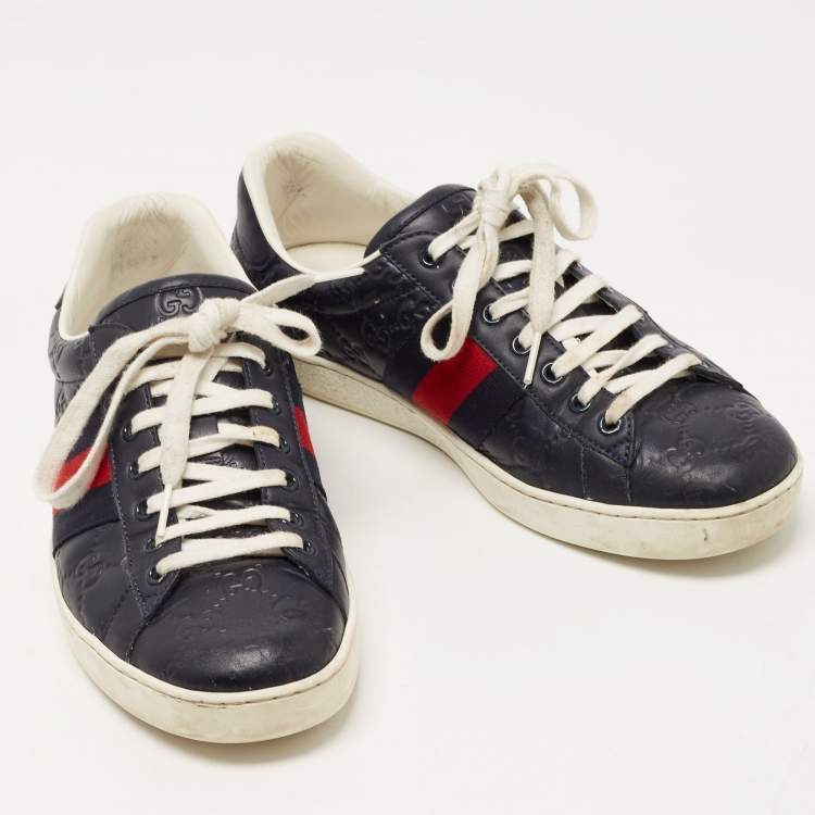 Pre Owned Gucci Navy Blue Guccissima Leather Ace Sneakers Size 41.5 