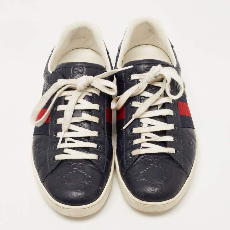 Pre Owned Gucci Navy Blue Guccissima Leather Ace Sneakers Size 41.5 