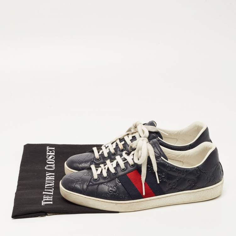 Pre Owned Gucci Navy Blue Guccissima Leather Ace Sneakers Size 41.5 