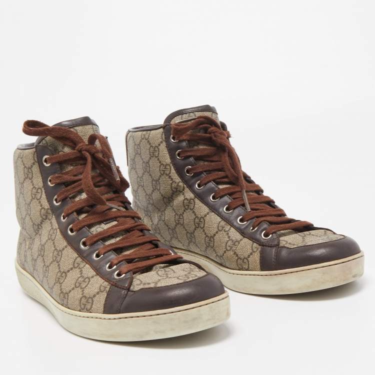 Pre Owned Gucci Brown/Beige GG Supreme Canvas and Leather High Top Sneakers Size 44