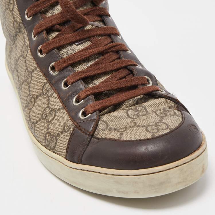 Pre Owned Gucci Brown/Beige GG Supreme Canvas and Leather High Top Sneakers Size 44