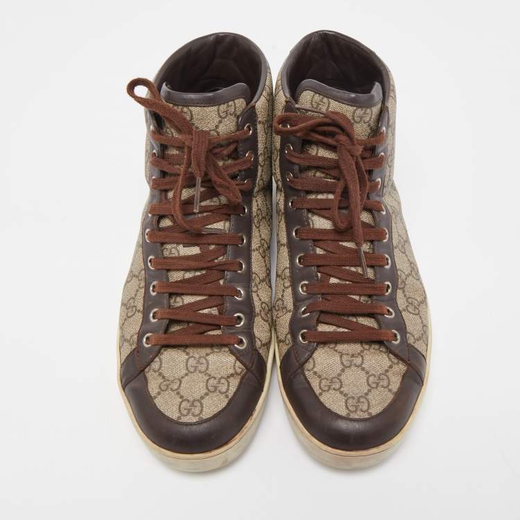 Pre Owned Gucci Brown/Beige GG Supreme Canvas and Leather High Top Sneakers Size 44