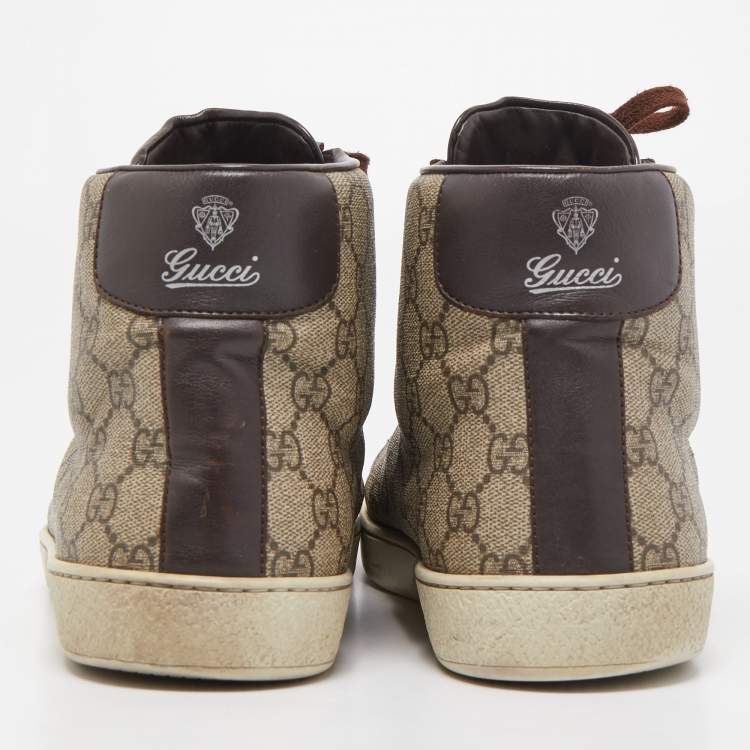 Pre Owned Gucci Brown/Beige GG Supreme Canvas and Leather High Top Sneakers Size 44