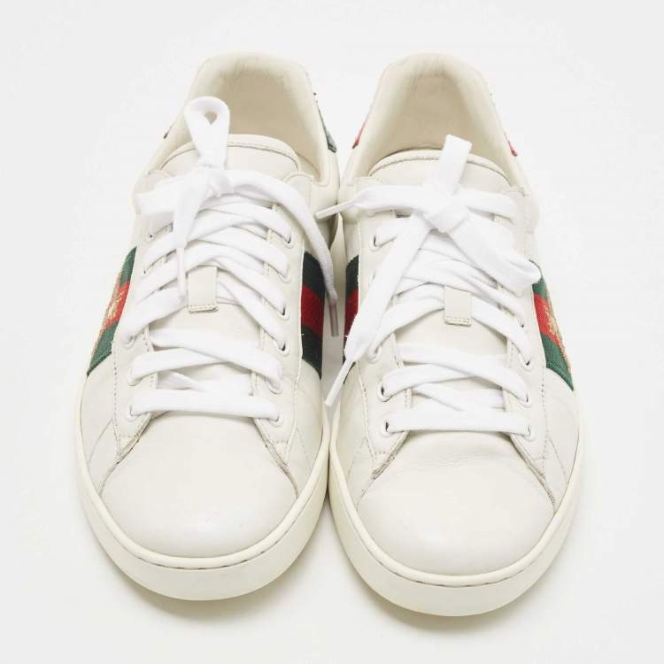 Pre Owned Gucci White Leather Ace Web Low Top Sneakers Size 42