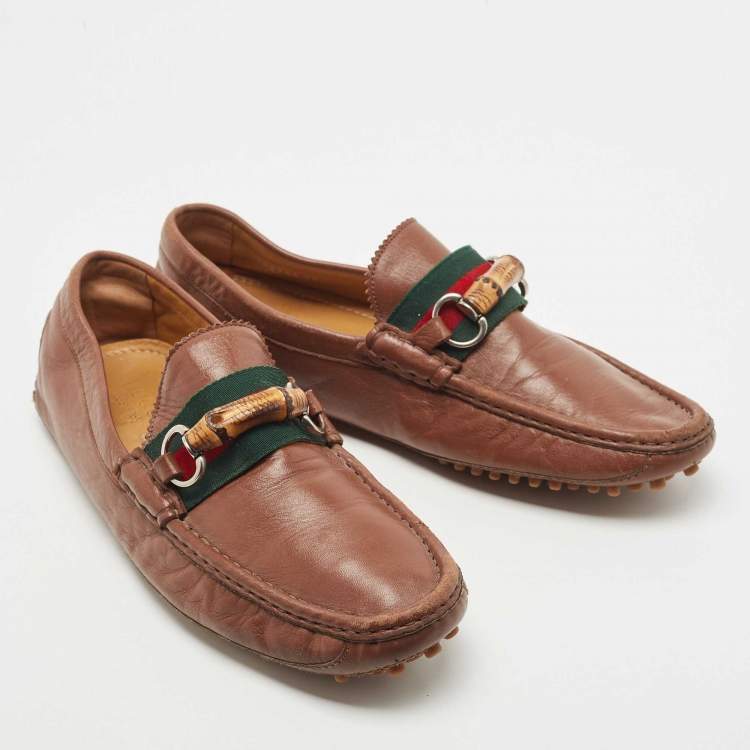 Pre Owned Gucci Brown Leather Bamboo Horsebit Web Detail Loafers Size 44