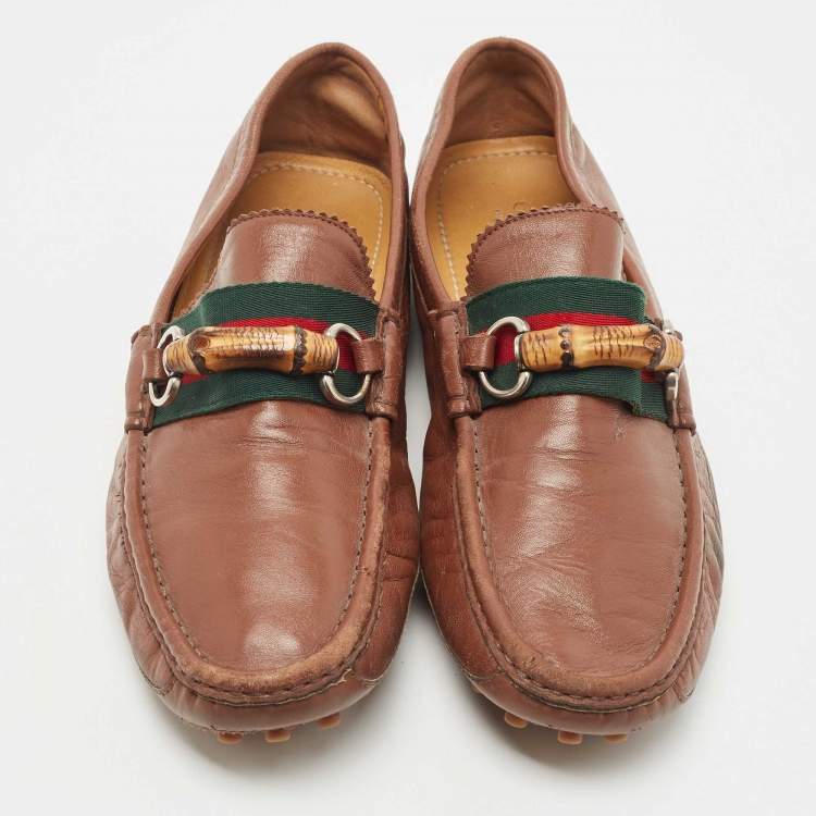 Pre Owned Gucci Brown Leather Bamboo Horsebit Web Detail Loafers Size 44
