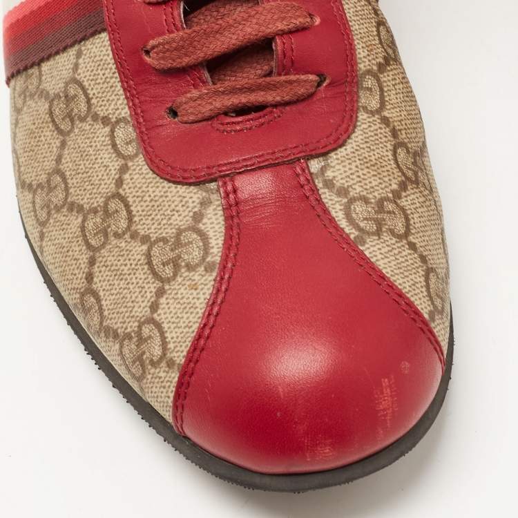 Pre Owned Gucci Red/Beige GG Canvas and Leather Web Low Top Sneakers Size 39