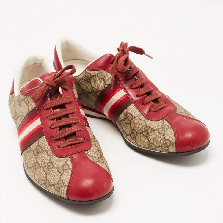 Pre Owned Gucci Red/Beige GG Canvas and Leather Web Low Top Sneakers Size 39