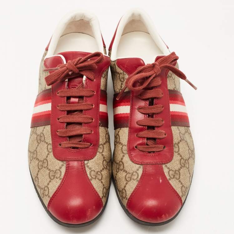 Pre Owned Gucci Red/Beige GG Canvas and Leather Web Low Top Sneakers Size 39