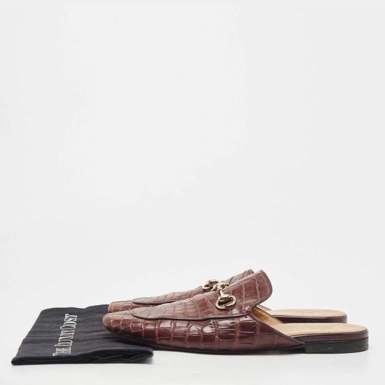 Pre Owned Gucci Burgundy Croc Embossed Leather Princetown Flat Mules Size 42.5