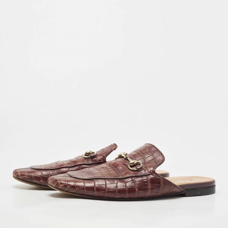 Pre Owned Gucci Burgundy Croc Embossed Leather Princetown Flat Mules Size 42.5