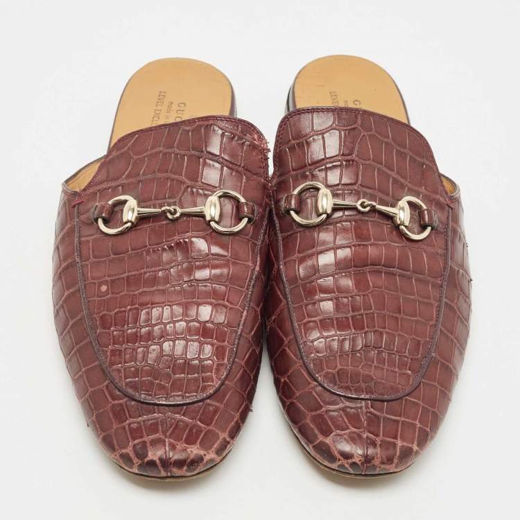 Pre Owned Gucci Burgundy Croc Embossed Leather Princetown Flat Mules Size 42.5