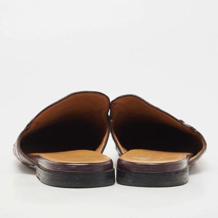 Pre Owned Gucci Burgundy Croc Embossed Leather Princetown Flat Mules Size 42.5