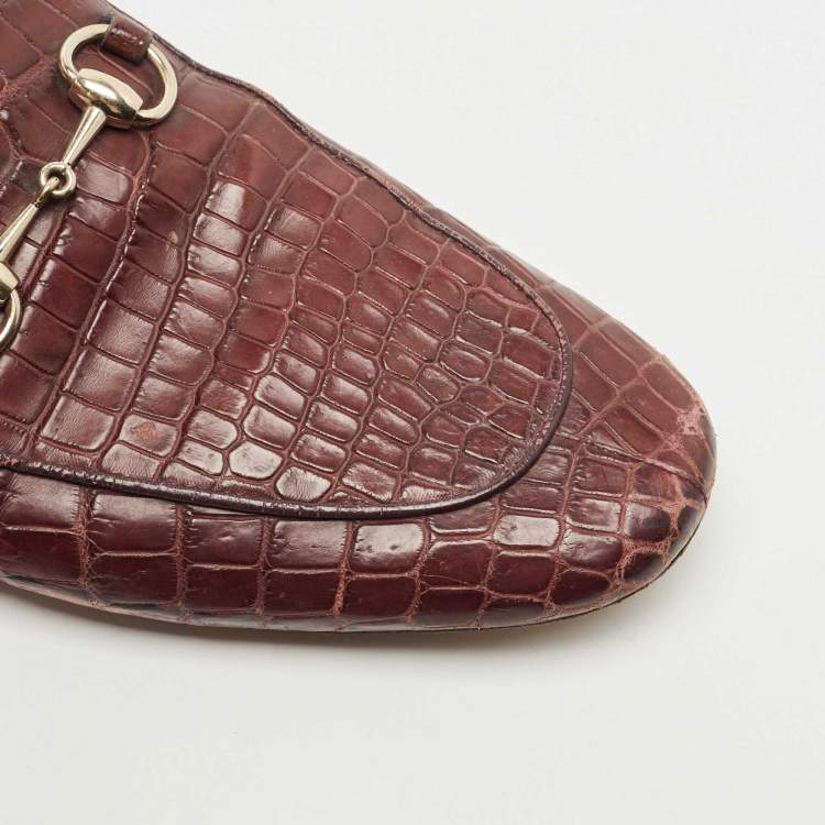 Pre Owned Gucci Burgundy Croc Embossed Leather Princetown Flat Mules Size 42.5