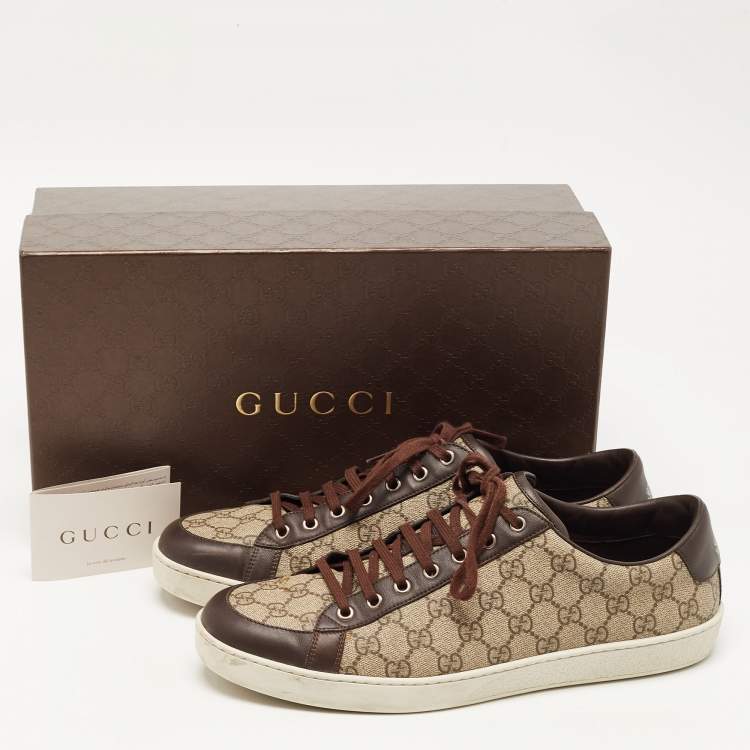 Pre Owned Gucci Beige/Brown GG Supreme Canvas and Leather Low Top Sneakers Size 46