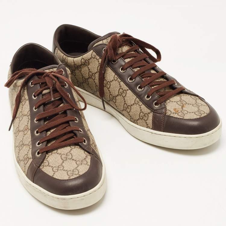 Pre Owned Gucci Beige/Brown GG Supreme Canvas and Leather Low Top Sneakers Size 46