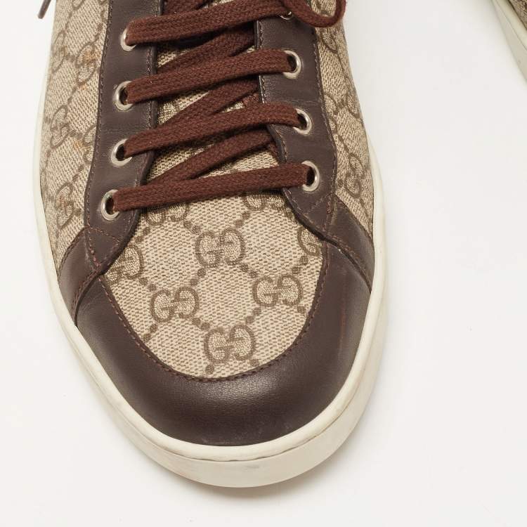 Pre Owned Gucci Beige/Brown GG Supreme Canvas and Leather Low Top Sneakers Size 46
