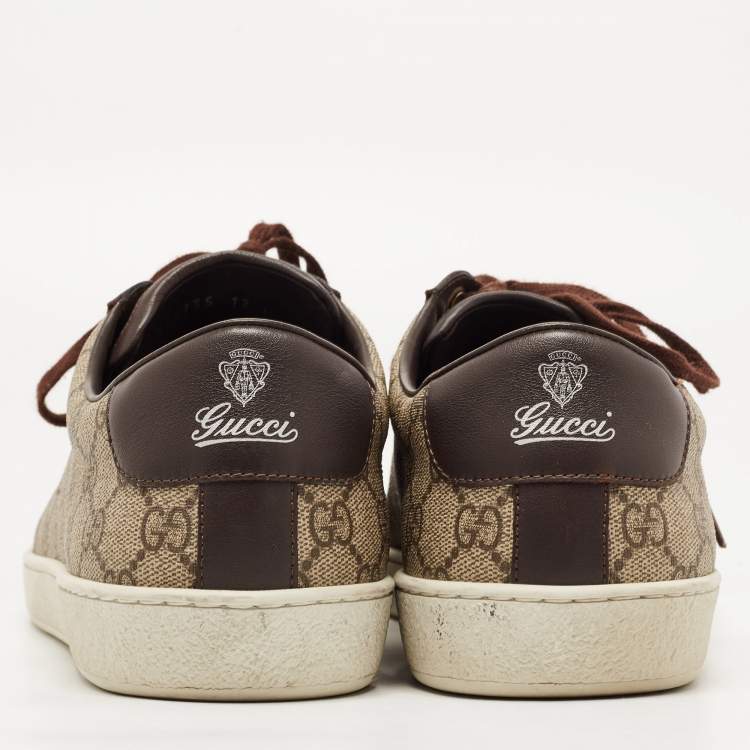 Pre Owned Gucci Beige/Brown GG Supreme Canvas and Leather Low Top Sneakers Size 46