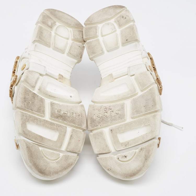 Pre Owned Gucci White Leather and Mesh Flashtrek Rhinestone Sneakers Size 42