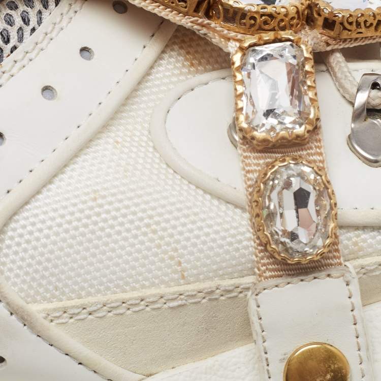 Pre Owned Gucci White Leather and Mesh Flashtrek Rhinestone Sneakers Size 42