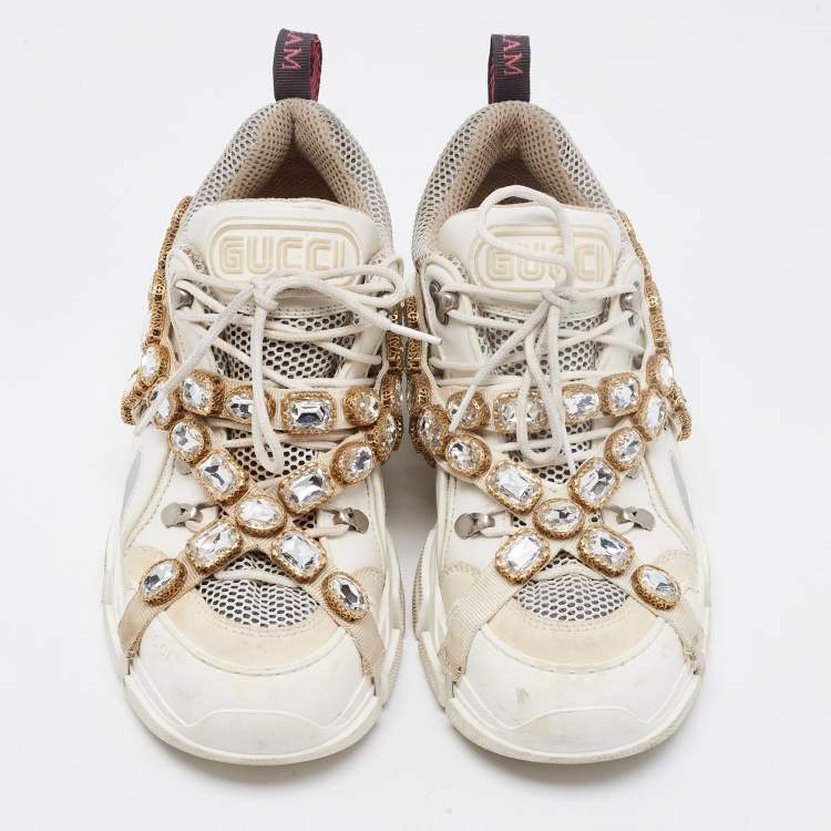 Pre Owned Gucci White Leather and Mesh Flashtrek Rhinestone Sneakers Size 42