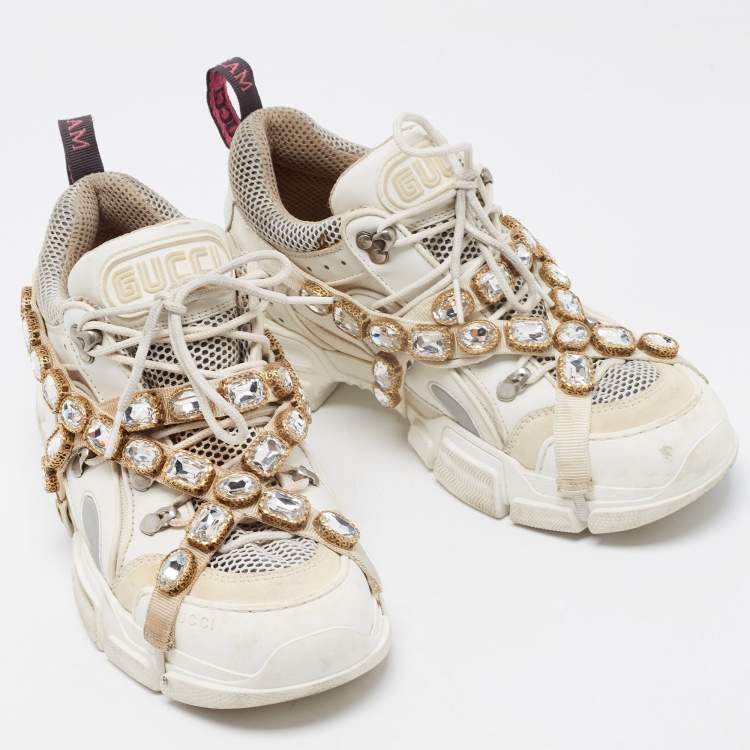 Pre Owned Gucci White Leather and Mesh Flashtrek Rhinestone Sneakers Size 42