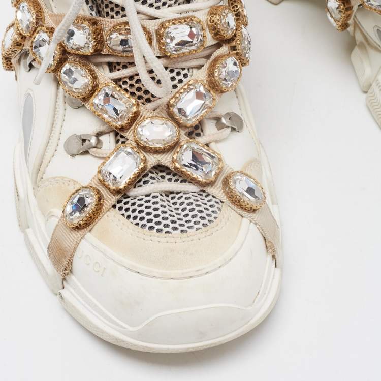 Pre Owned Gucci White Leather and Mesh Flashtrek Rhinestone Sneakers Size 42